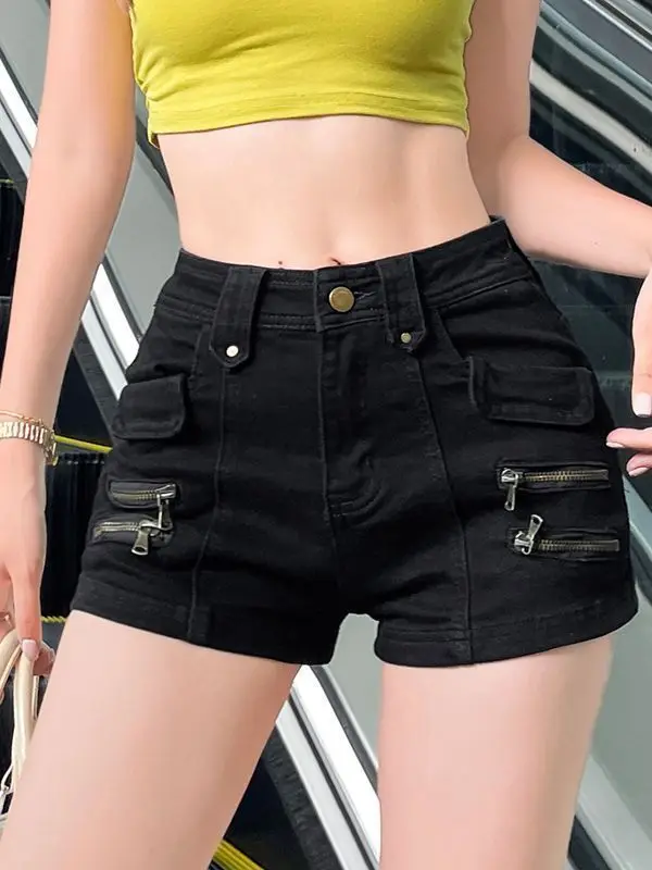 

Retro American Spicy Girl Workwear Denim Shorts Women Summer New Style Personality Trendy Cool Zipper Elastic Slimming Hot Pants