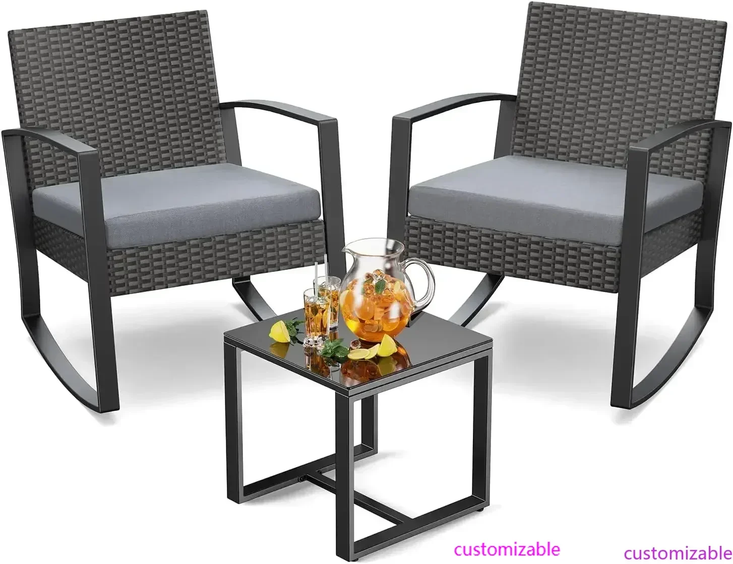 

3 Piece Wicker Patio Furniture Set, Outdoor Rocking Chairs, Outdoor Furniture with Table & Cushions, Patio Chairs Balcony