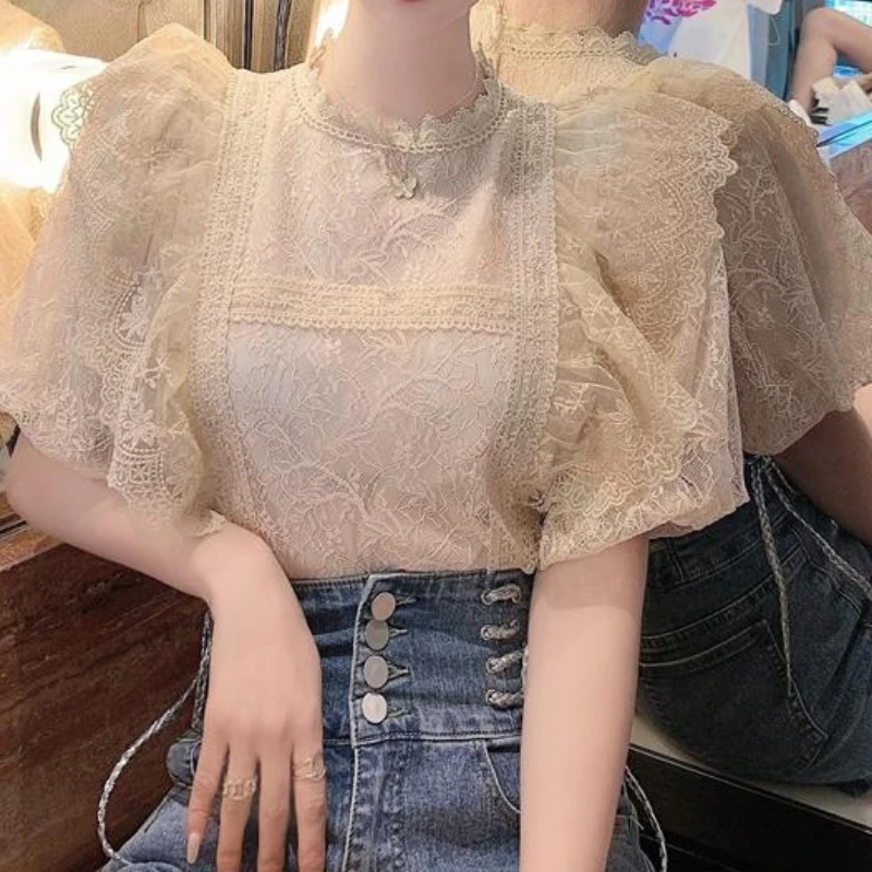 Korean Chiffon Ruffles Lace Sweet Shirts Women Puff Sleeve O-Neck Casual Elegant Fashion Retro All-match Slim Summer Chic Tops