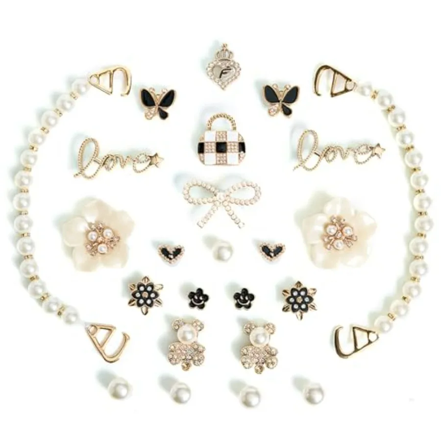 

24pcs Bling Cute Shoe Charms for Women, Flower, Butterfly, Cub, Pearl Chain, Sparkle Rhinestones Pearl Shoe Decoration Charms,