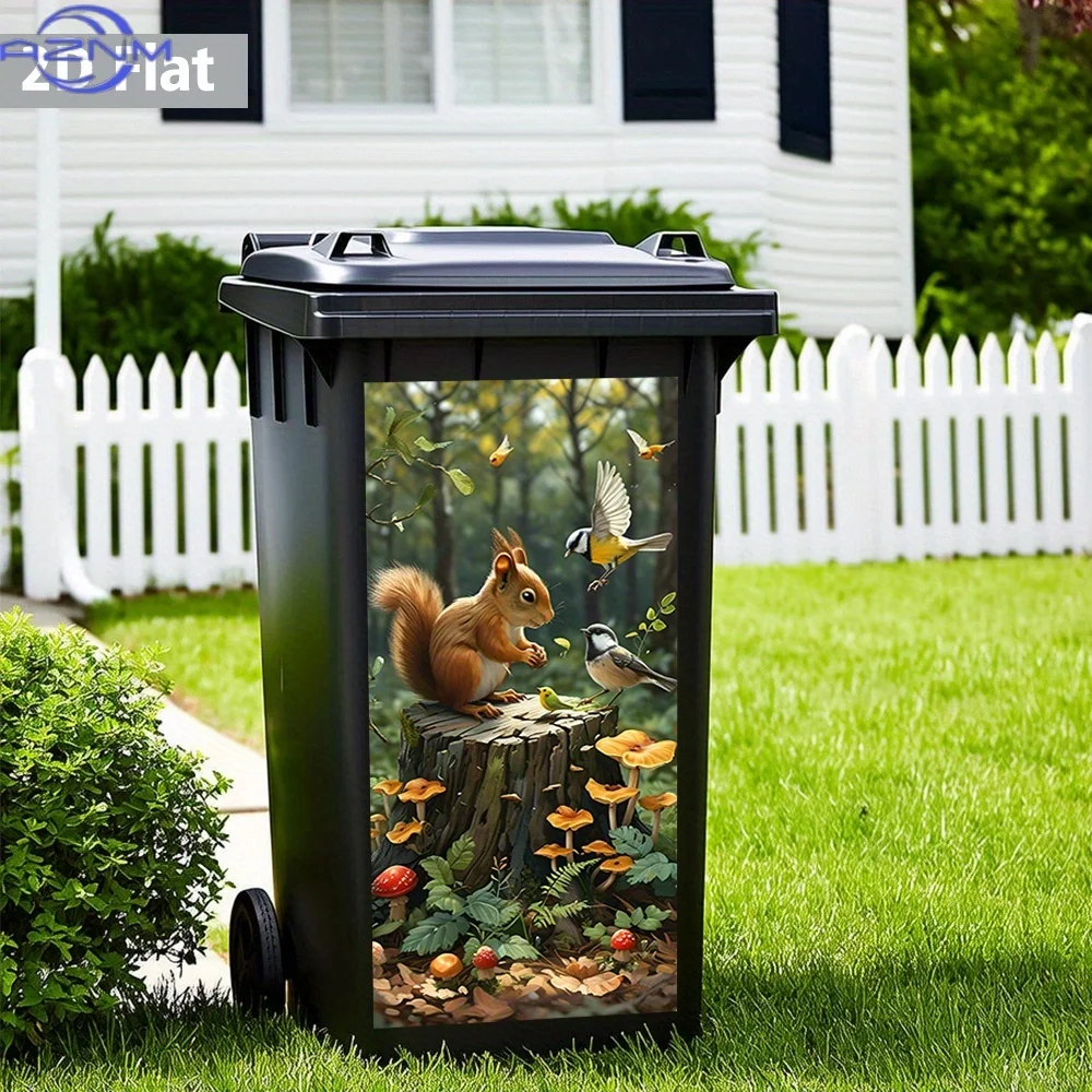 2D Flat Forest Squirrel & Birds Eco - Trash Can Sticker – Waterproof, Removable Adhesive, Nature Scene, Lively Vibe, Bin Makeo