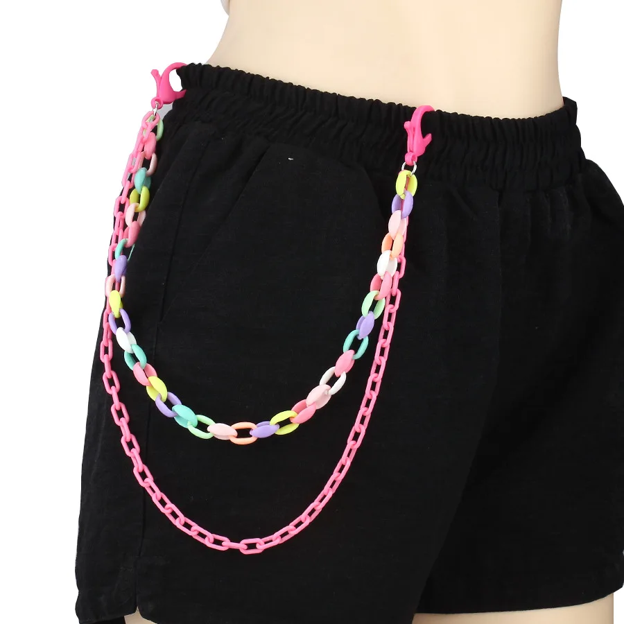 New Summer Trendy Multicolored Acrylic Pants Chain For Women Bundy Soil Cool Girls Macaron Double Waist Chain Key Chains Jewelry