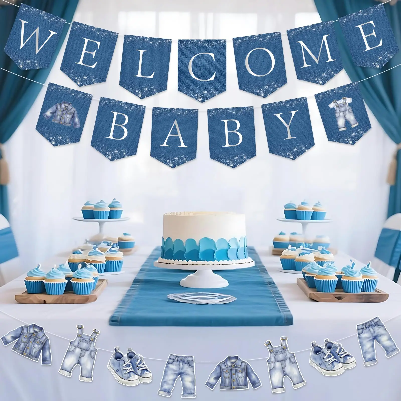 Guirnalda Decorativa Precolgada con Temática de Bebé en Tela Vaquera Azul para Niños, Bienvenida de Bebé, Primer Cumpleaños, Baby Shower, Revelación del Sexo