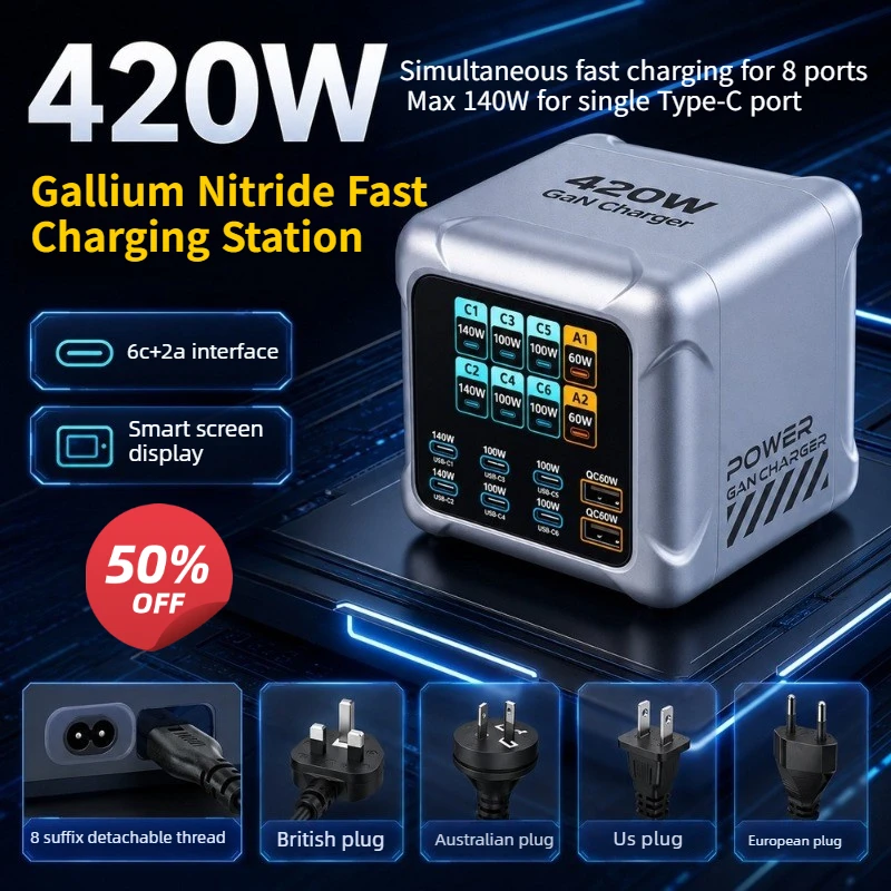 420W GaN Charger PPS PD3.1 140W USB Type C Charger Digital Display Fast Charging Station for MacBook iPhone 17 Samsung