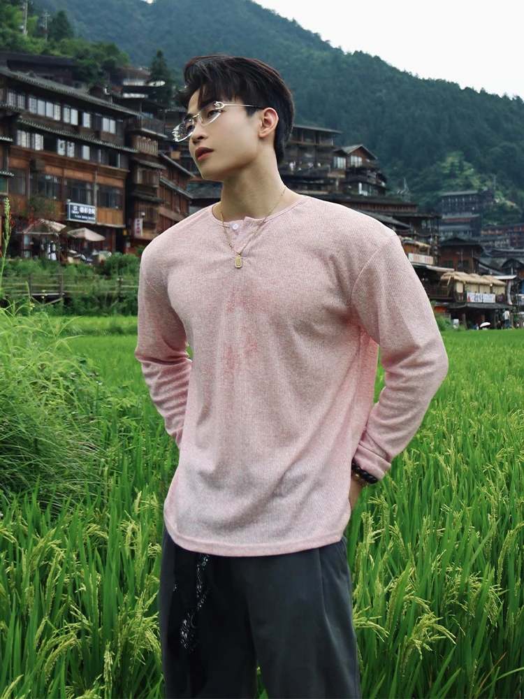 Lightweight Long Sve Pink Henry Collar T-irt for Men Base Layer Loose Fit Sun Protection Boting irt Casual Wear