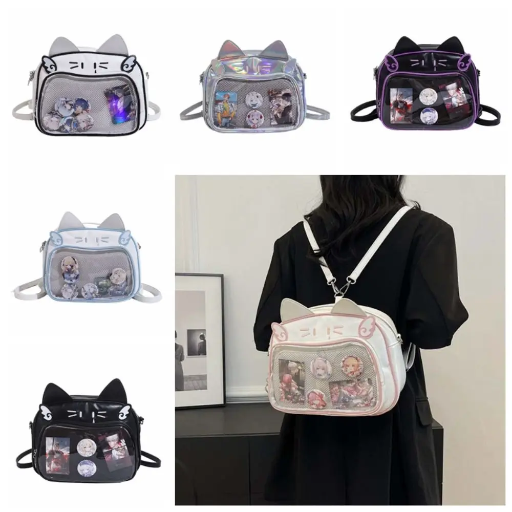 

Забавная сумка на молнии Kawaii Cat Itabag, хлопковая сумка из искусственной кожи, прозрачный карман, сумка для мелких предметов, сумка для хранения значков, модные мужские рюкзаки
