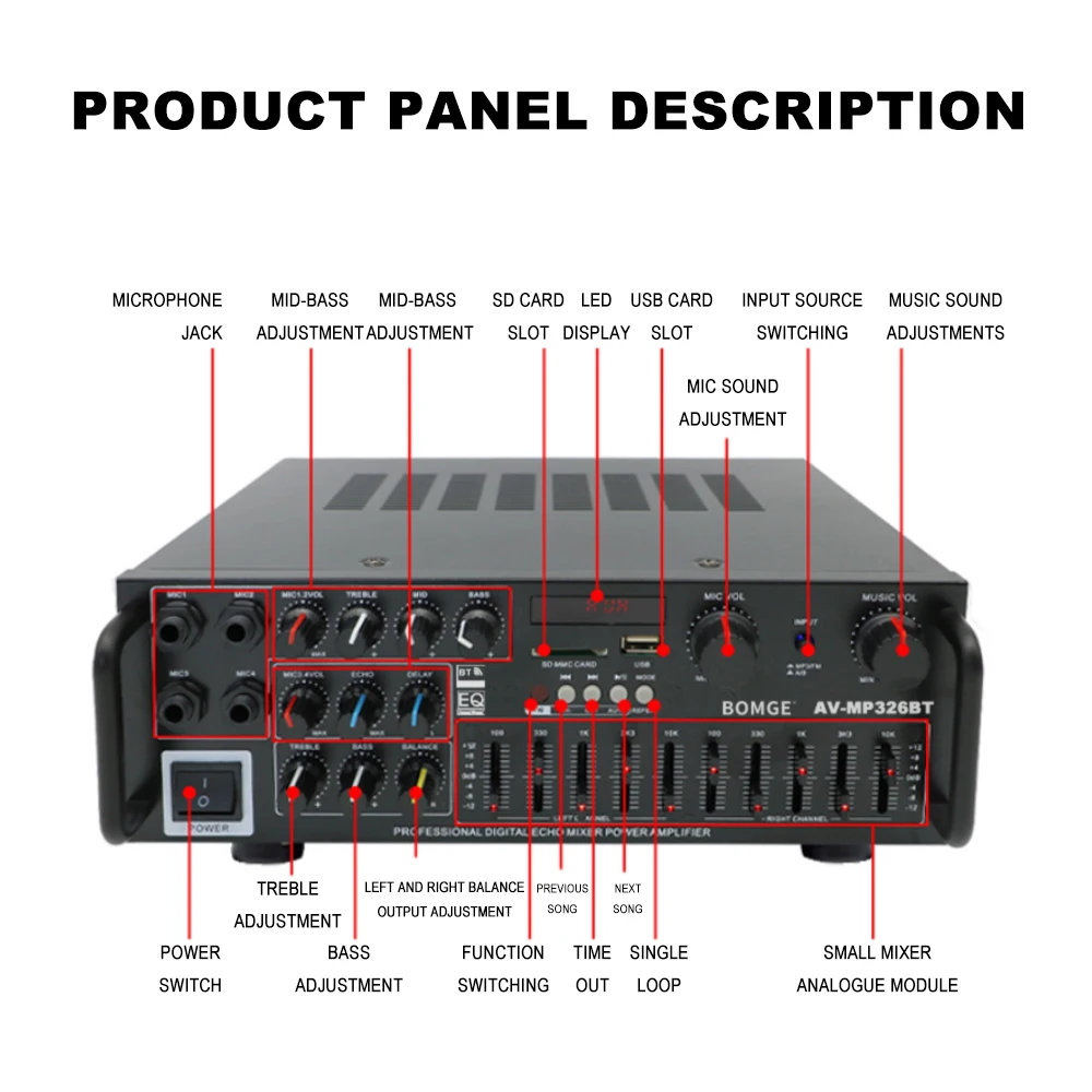 BOMGE 326 Audio Amplifier for Car Home Bluetooth Power Amplifiers 2 Channel Bluetooth Surround Sound FM USB Remote Control