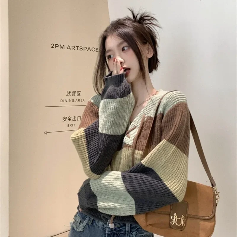 

Japanese Style Stripes Contrast Color Laceup Knitted Sweater Women Spring and Autumn Design V-neck Loose Short Long Sleeve Top