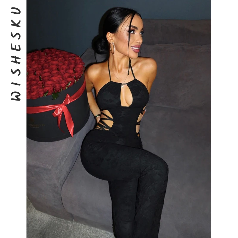 Sexy Halter Lace Up Hollow Out Jumpsuits Women Backless Wide Leg Pants One Piece Rompers 2024 Spring Fall Y2K Clothes