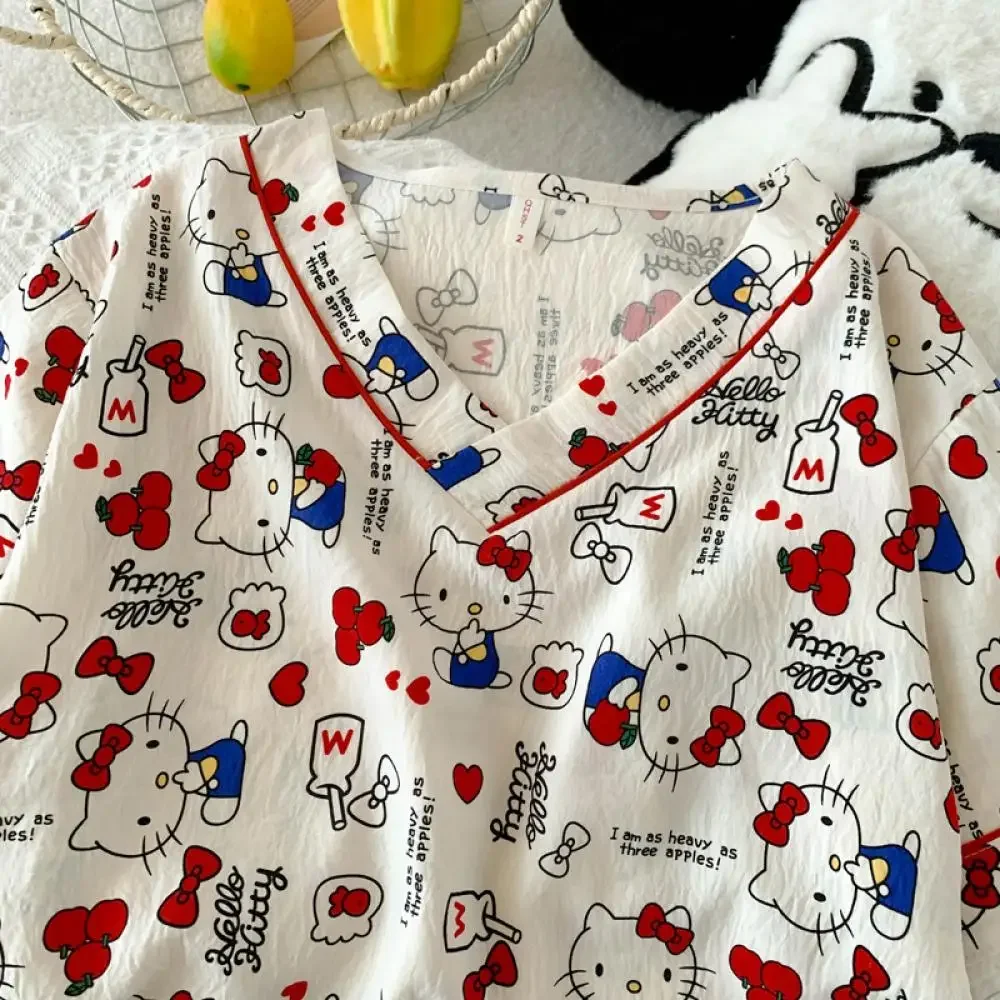 2 قطعة بدلة بيجامة النساء سانريو أنيمي مرحبا كيتي قصيرة الأكمام السراويل الصيف Kawaii القطن ملابس المنزل الفتيات طالب المتسكعون