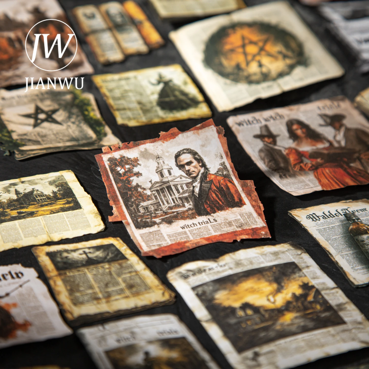 JIANWU Witch Newspaper Series Vintage Magic Character Landscape Material Collage Sticker Creative DIY Journal Stationery