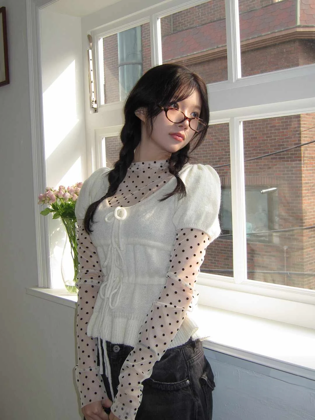 Unique SEI Korean Sle Sweet Desire See tough Polka Dot Me Slimming Base T irt round Ne Long Sve Commute Sle