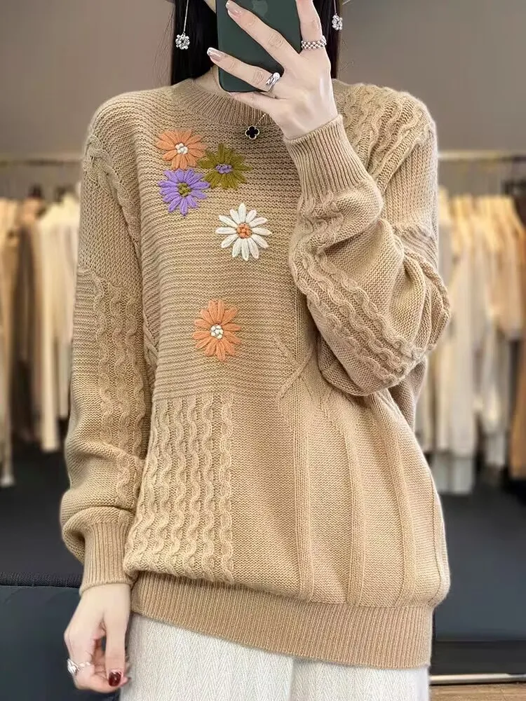 

2023 New Autumn Winter Women Lazy Style Loose Pullover Sweater High Quality Sweet 3D Flowers Crocheted Twisted Knitted Sweater