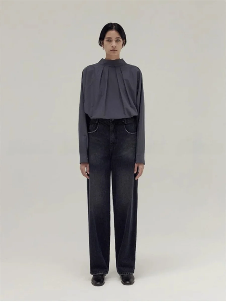 

MonicMoia Spring 24 Loose Fit Long Sve Pure Cotton irt Double Sided Wear Simple Color Commute Sle Women's Top