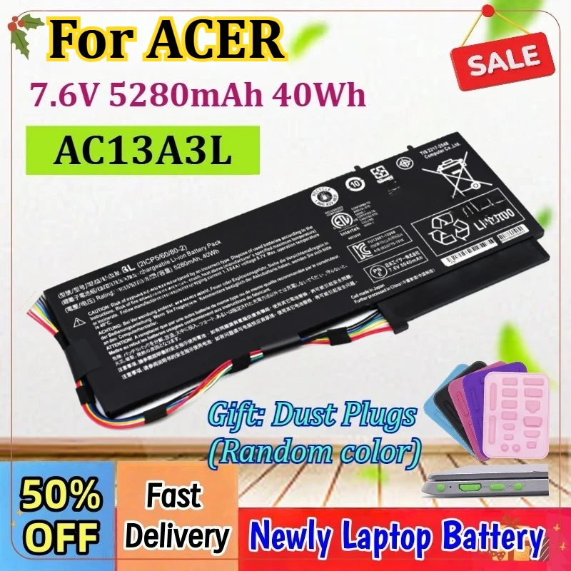 

7.6V 5280mAh 40Wh AC13A3L Laptop Battery For ACER Aspire P3-131 171 TravelMate X313 X313-E/M 2ICP5/60/80-2 KT.00403.013 4 Cells