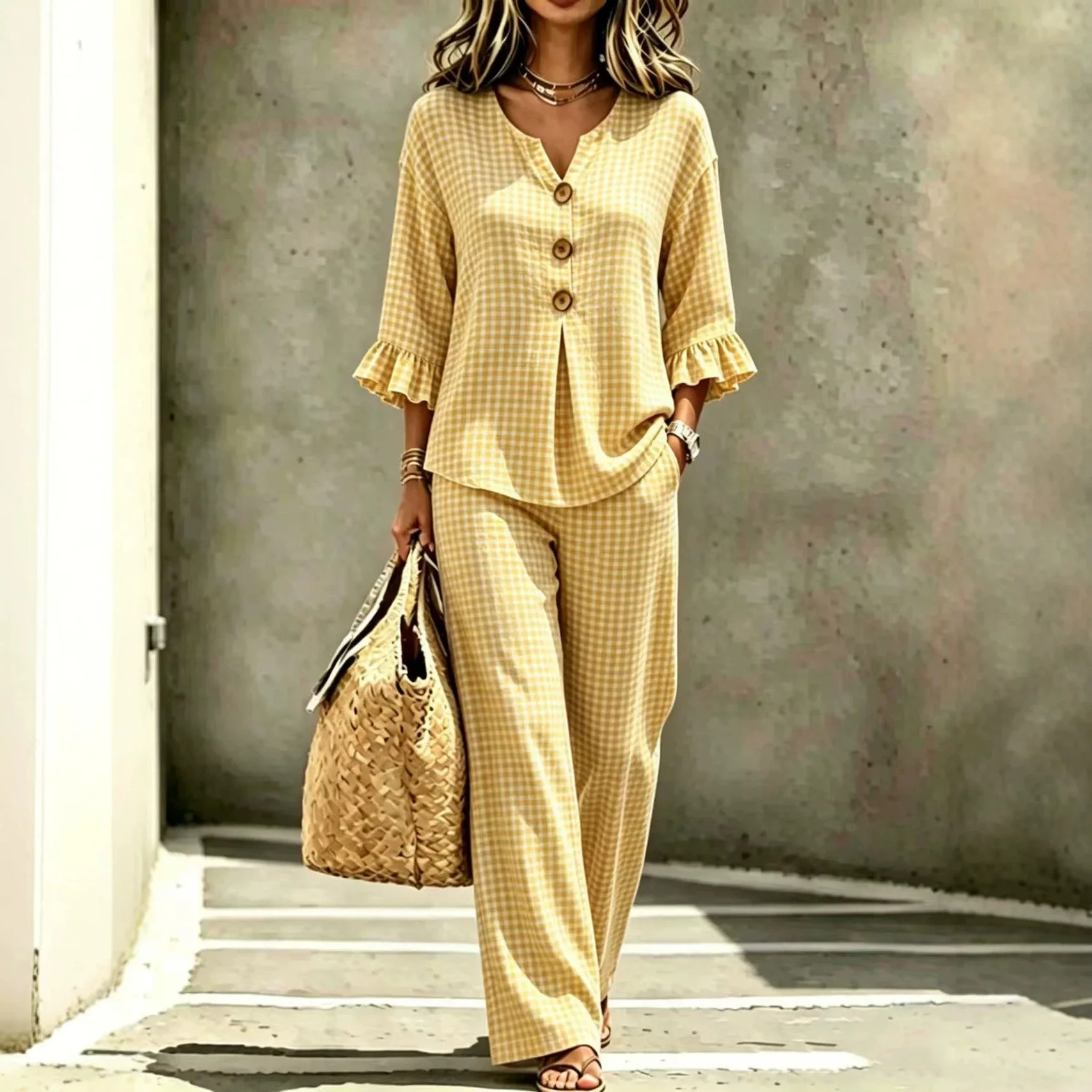 Sweet Vacation Two Piece Pants Set For Women V Neck Ruffle Plaid Long Sleeve Loose Fit Autumn Winter Tracksuit