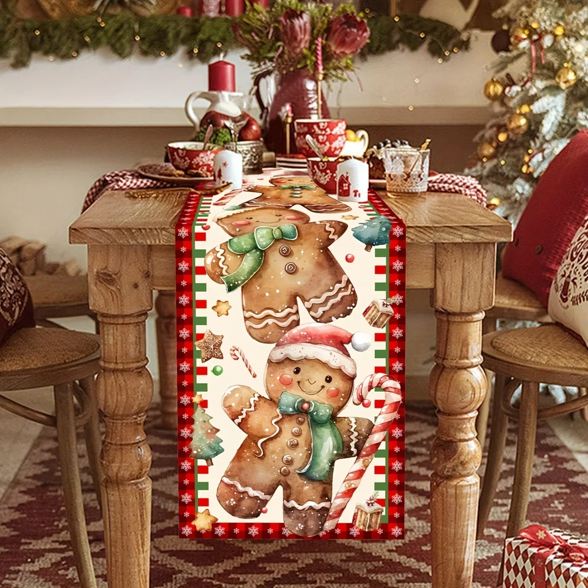 Winter hat cute gingerbread Man Flax table runner set, candy family elements, suitable for holiday dinners and family gatherings