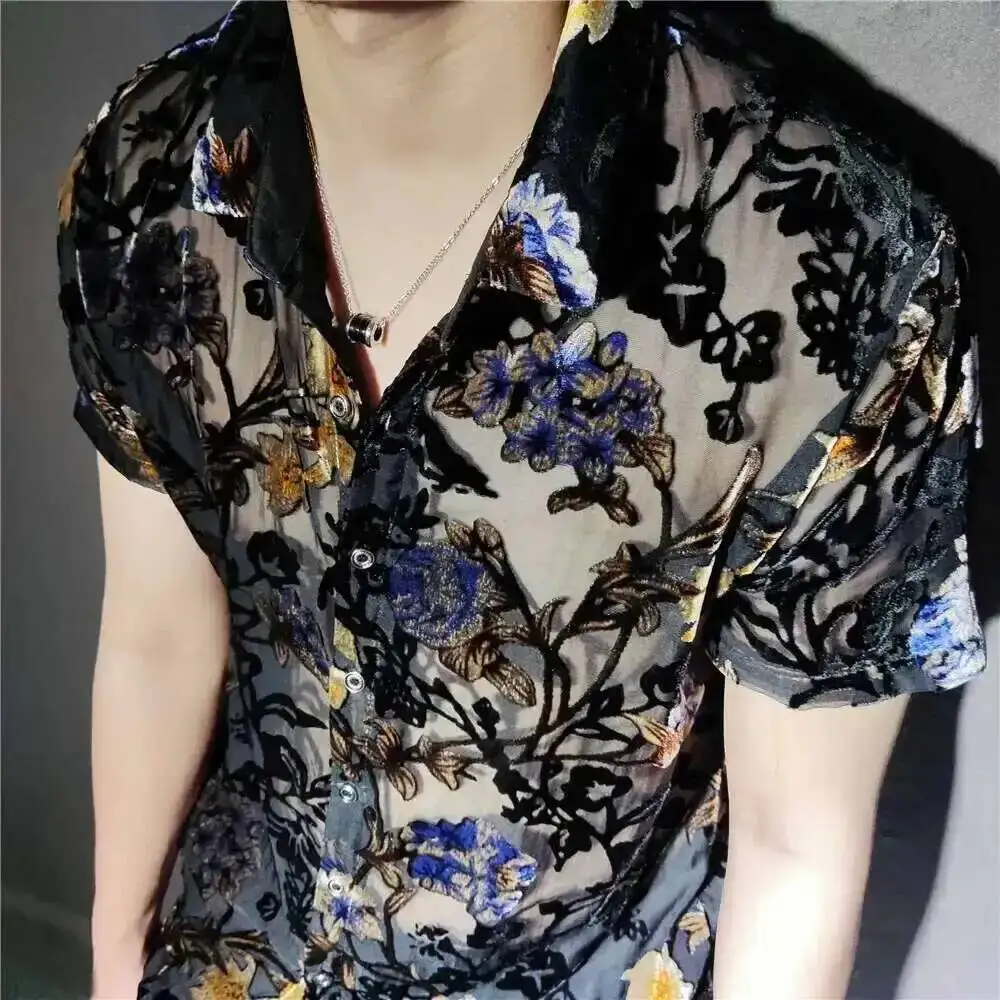 See Through Colorful Flowers Pattern Velvet Shirt Men Transparent Short Sleeve Sexy Shirt Social Club Outfits Party Men Shirt