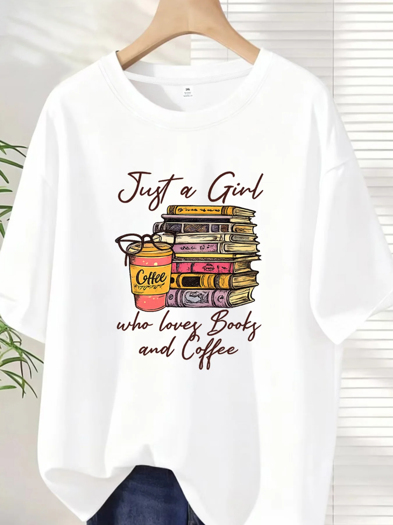 

【ZXH10118】Book Cafe Plus size women's round neck short sleeve T-shirt with elastic half sleeves and trendy prints