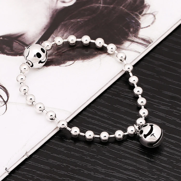 S925 Sterling Silver Jewelry Smiling Face Bell Ball Bracelet Korean Version Simple and Creative Personality Trendy Student Whole