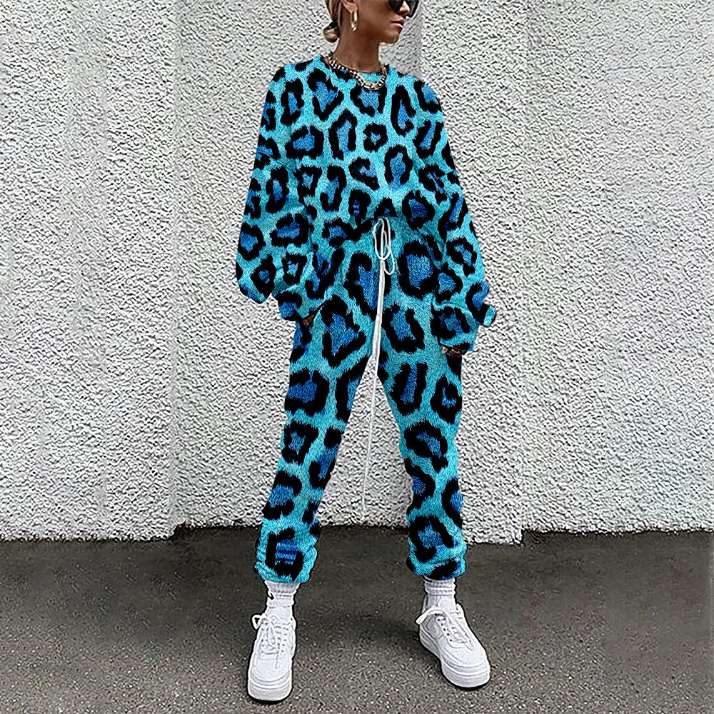 Autumn Women Two Piece Set Long Sleeve Pullover Tracksuits Spring Leopard Print Sweatshirt Jogger Pants Suit