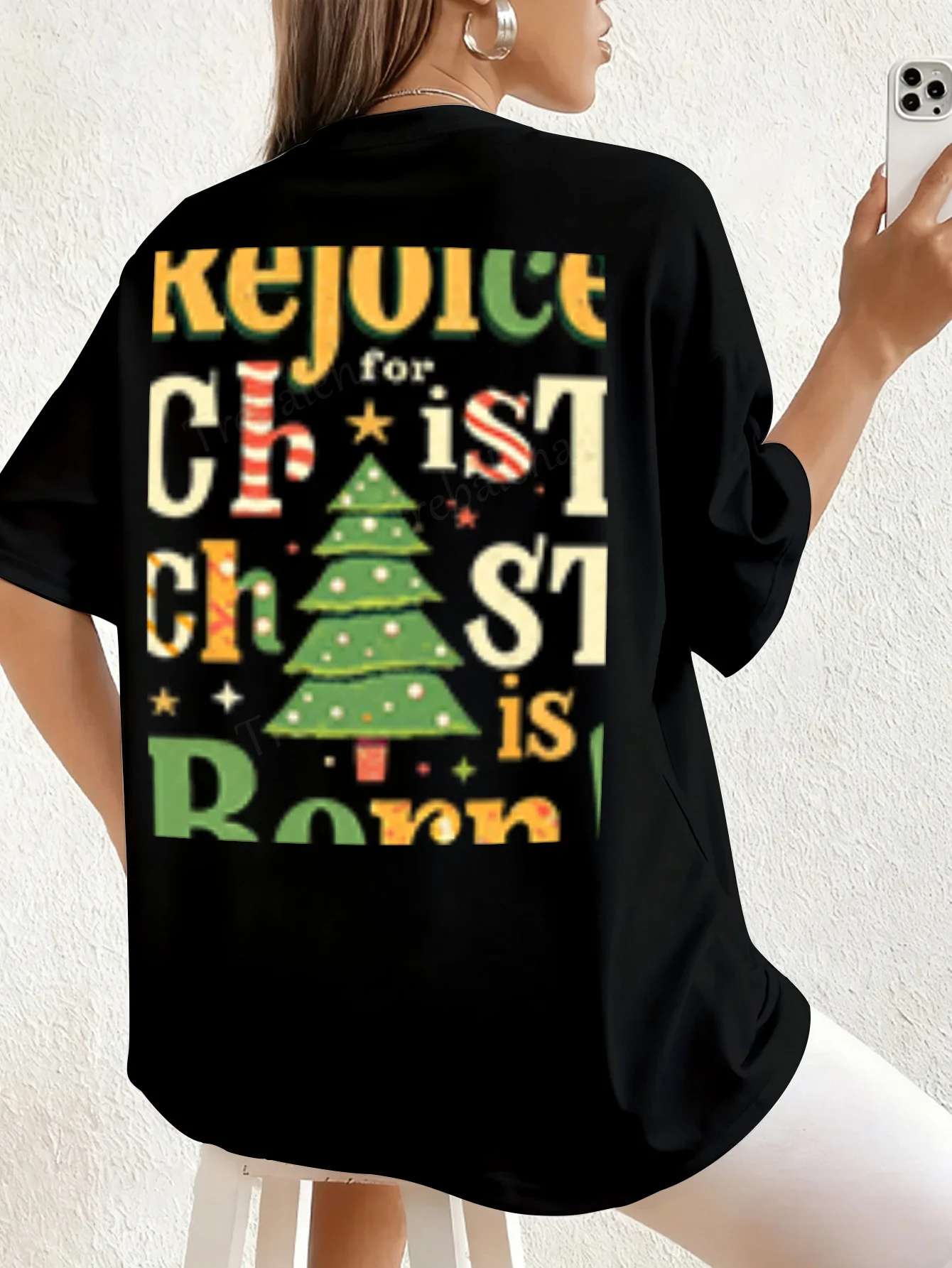 เสื้อยืดผู้หญิง ร่าเริง พระเยซูประสูติ เสื้อยืดลายต้นคริสต์มาสสำหรับผู้หญิง
