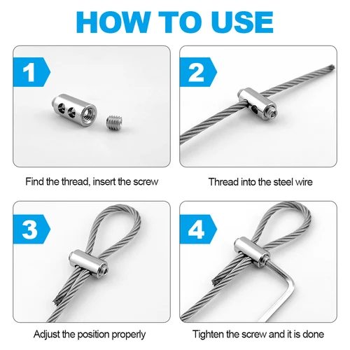 Imagen 2 del producto Abrazaderas de cuerda de alambre de 2/3mm, sujetador de Cable de acero inoxidable, tornillo ajustable, Clip de Metal de cobre, accesorio de eslinga, 10 Uds.