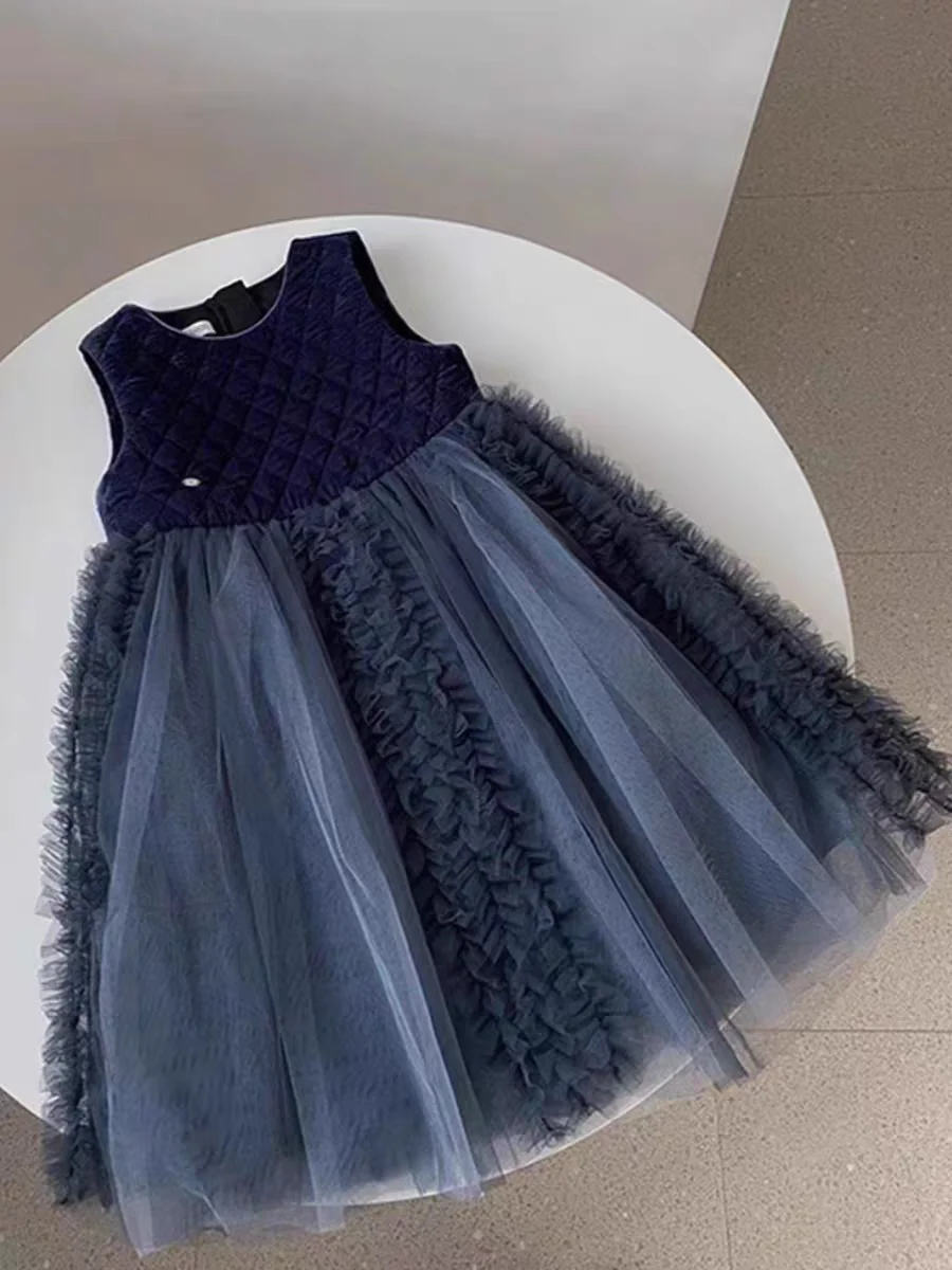 春秋冬-エレガントな女の子用高級メッシュベストスカート-子供服-おしゃれな重ね着デザイン