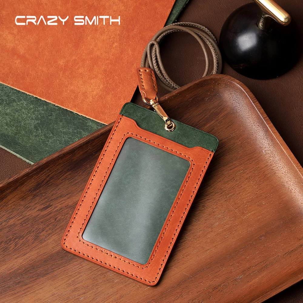 CRAZYSMITH Handmade Genuine Leather Work ID Card Holder Fashion Halter Neck Style Employee Case with Clear Window for Women &Men