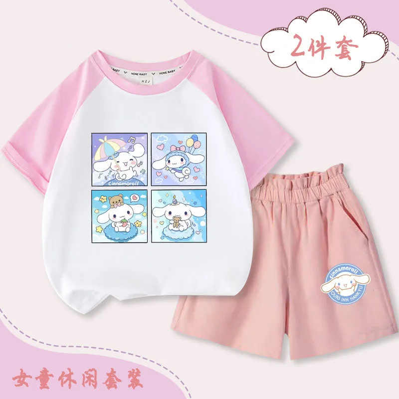 2Pcs Anime Sanrios Cinnamoroll Kids Summer Short Sleeve Shorts Kawaii Melody Kuromi Boy Girls Cotton T-Shirt Cartoon Print Tops