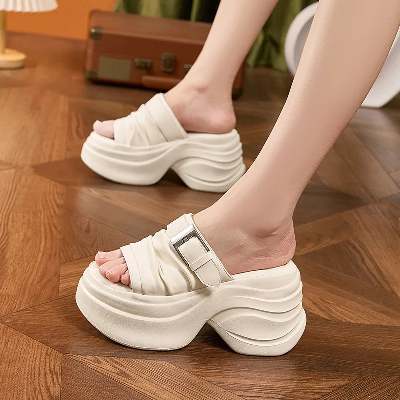 

Women's Wave Platform Slide Sandals Adjustable Buckle Strap Open Toe Thick Sole Height Increasing Casual Fashion Summer Slippers