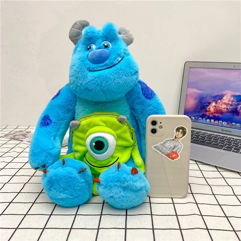 Disney Anime Monsters Inc Anime Goods Cartoon Sulley James P Sullivan Mike Stitch Plush Backpack Gift For Kids Birthday Doll Toy