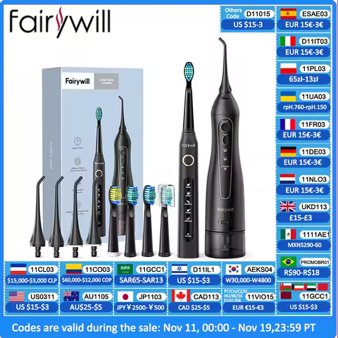 Fairywill Electric Sonic Toothbrush &amp; Water Flosser USB Charge Waterproof 5 Modes 3 Brush Heads Toothbrushes Teeth Cleaner