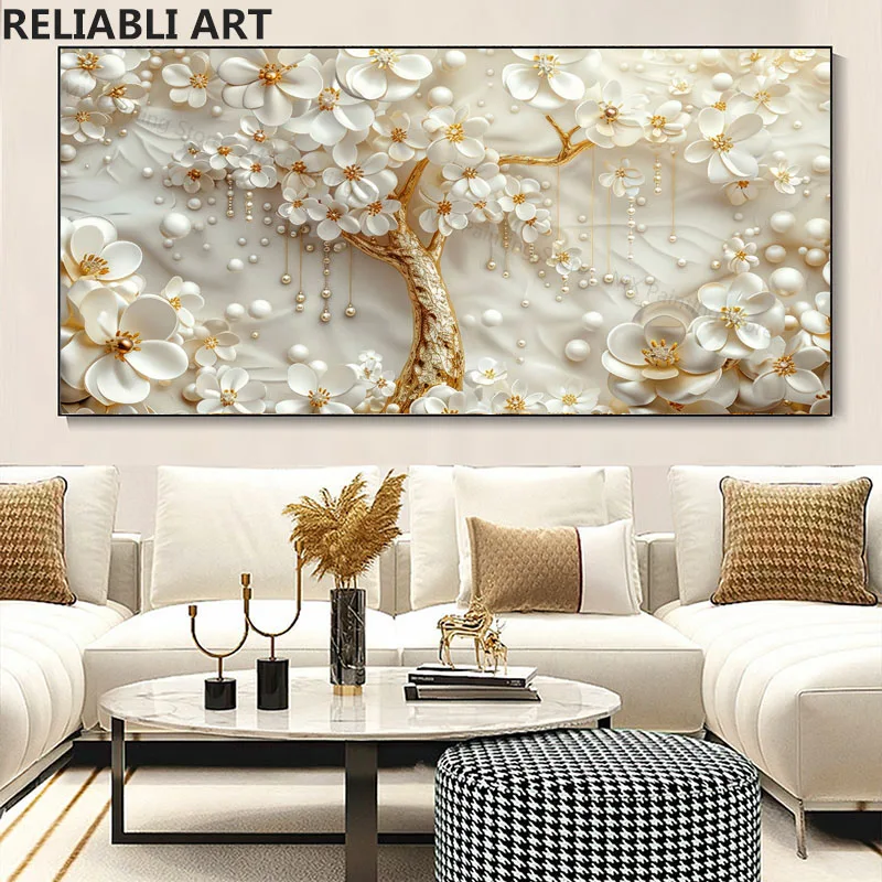 

Big Size Golden Tree White Flowers With Pearls On Canvas, Abstract Floral Home Decor Painting,Print Wall Art Poster No Framed