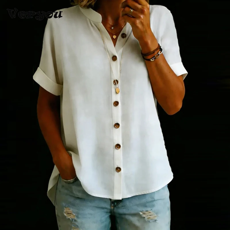 

Women Elegant Solid Color Button Blouse Shirt Women Summer Casual V Neck Short Sleeve Loose Shirt Office Lady Oversized Tops