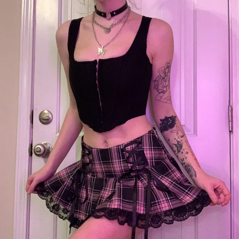 2025 new plaid pleated skirt with crisscross straps, vintage lace trim, and A-line skirt with patch