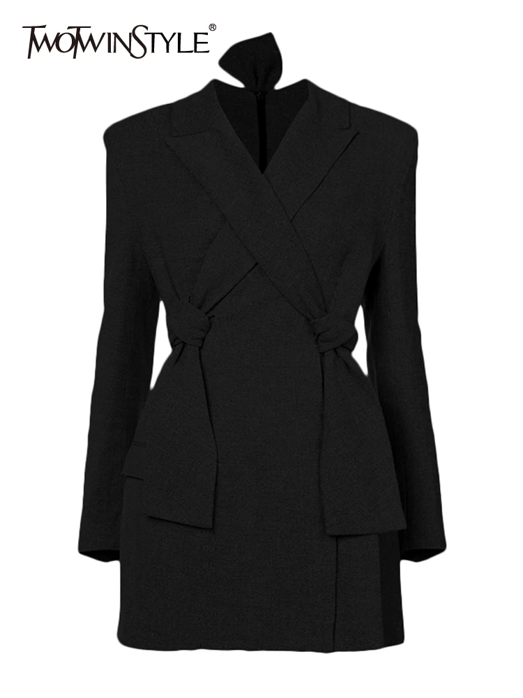 

TWOTWINSTYLE Korean Black Crisscross Blazer For Women Notched Collar Long Sleeve Slim Solid Minimalsit Blazers Female Clothing