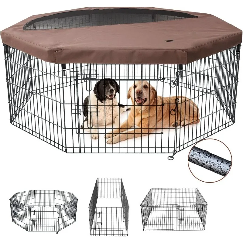 Imagem -02 - Dobrável Metal Dog Exercício Playpen Fence Gate Dog Crate Painéis de Altura Puppy Kennels com Bottom Pad para Animais ao ar Livre