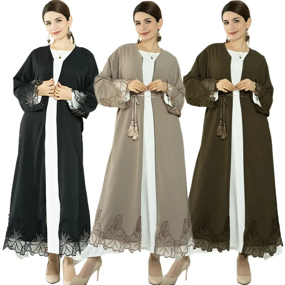 Robe maxi à manches longues pour femmes musulmanes, Abayas ouvertes, Kimono de fête Eid, Cardigan en dentelle, Turquie, Ramadan, Islam, Dubaï, Kaftan, Caftan Jalabiya