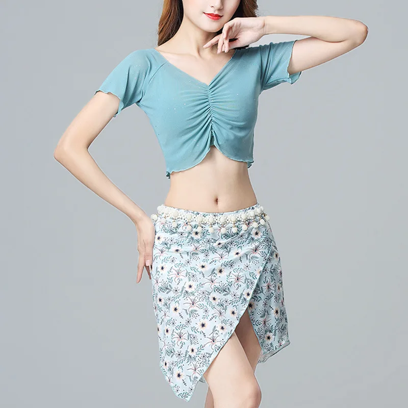 Trajes de dança do ventre personalizados, novo roupa moderna para prática de dança oriental, umbigo exposto, top curto