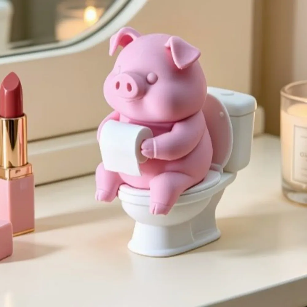 Novelty 3D Printed Pig Figurine Plastic Cartoon Pig Sitting on Toilet Wall Mounted Pig Desktop Ornaments Car Decor