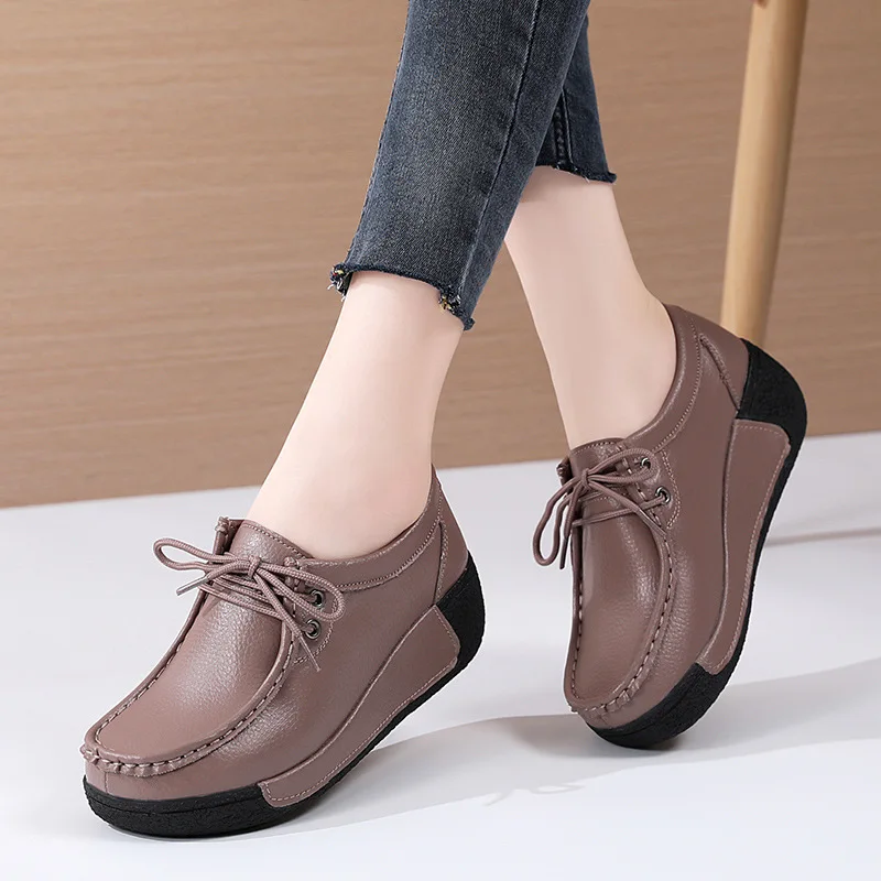 

New Autumn Women Leather Shoes Ladies PU Leather Lace Up Casual Round Toe Thick Sole Platform Loafers red shoes