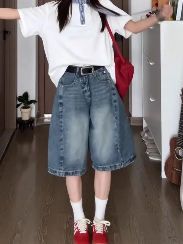 orts de cintura alta com pernas largas de cinco polegadas, calças jeans fenas de verão com corte reto e design solto, c...