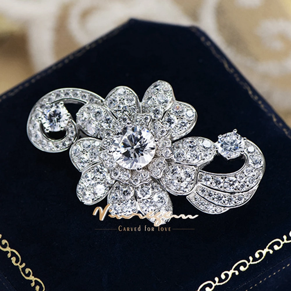 

Vinregem Sparkling Lab Created Sapphire Gemstone Elegant Flower Brooches 100% 925 Sterling Silver Fine Jewelry Anniversary Gifts