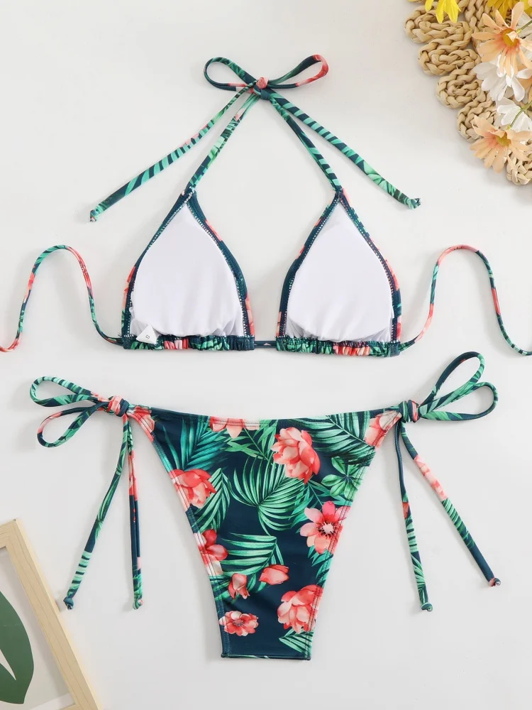 Bikini Damski Strój Kąpielowy 2025 Nowy Wzór Zielony Halter Bikini Zestaw Seksowny Sznurowany Strój Kąpielowy Letni Dwuczęściowy Strój Plażowy Kąpielowy Damski
