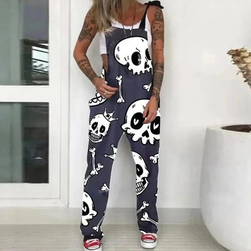 Schädel druck Overall Halloween europäischen amerikanischen Punk y2k Frauen Tasche Rose lässig schnüren träger lose lose Overall Hose neu