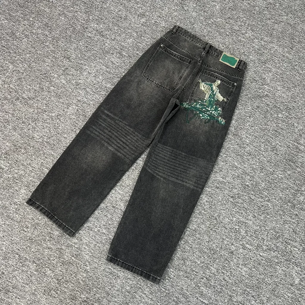 

Derschutze Embroidery high quality Denim Pants Vintage men Women Baggy Straight Wide Leg Jeans streetwear