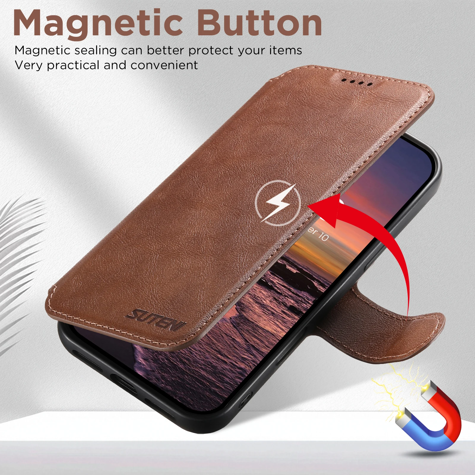 SUTENI Kunstleder Kabelloses Ladegerät Kartenhalter Ständer Brieftasche Magnetische Klapphülle Handyhülle für iPhone 18 Pro Max 17 16 15 14 – Detail 18