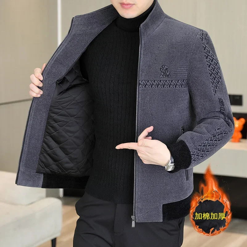 High End Standing Collar Woolen Jacket for Men Winter Thick and Warm Wool Blends Coats Zipper Casual Business Windbreaker