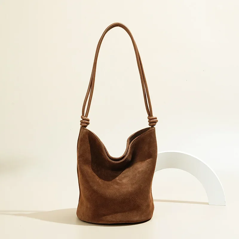 [Premium] Natural Suede Casual Tote Bag Plus Size Genuine Cowhide Bucket Bag With Adjustable Shoulder Strap